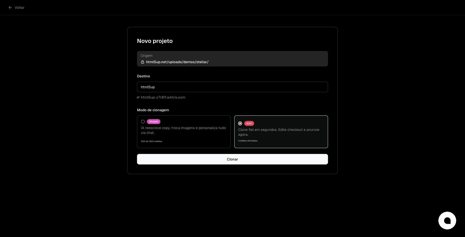 Passo 2 de como clonar um site: escolher entre o modo de edição visual e o modo de edição por IA